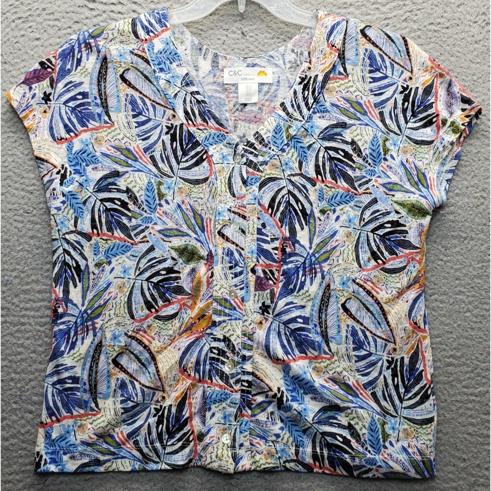 C&C California Blouse Top Womens Small Multi Tropical Leaf Print Button Front